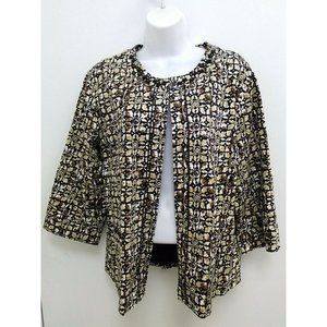 Joni B Womens Large Blazer Jacket Blue Tan Floral Beaded Collar Open Front